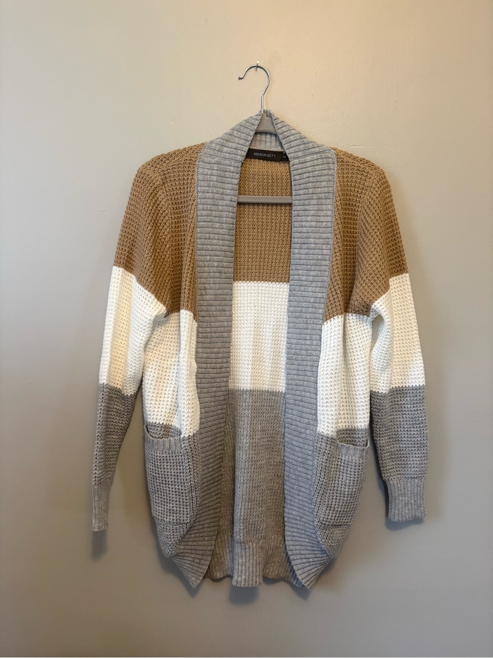 Colorblock Open-Front Cardigan Sweater - Taupe, White & Gray